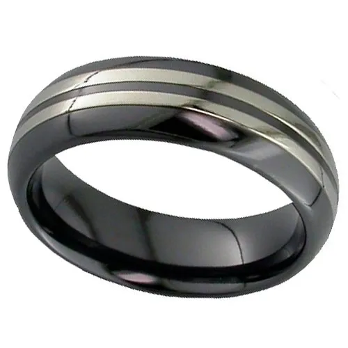 Zirconium Ring with Twin Relieved Black Stripes
